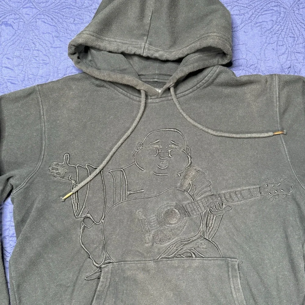 True Religion Hoodie Buddha Guitar Graphic Charcoal‎ Gray Pullover S/P FADE